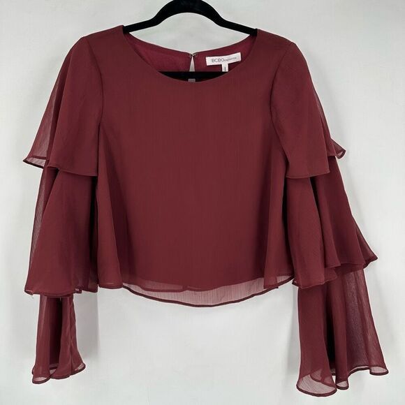 NWT BCBGeneration Tiered‎ Bell Long Sleeve Blouse Size XXS Purple Burgundy - Picture 3 of 13